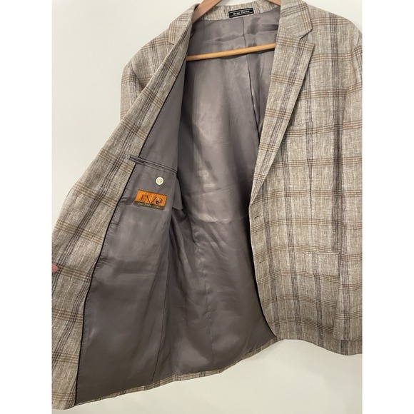 ENZO Tovare Mens Size 44R Sport Coat Blazer 100% Linen Tan Windowpane Plaid Boho - Picture 8 of 12